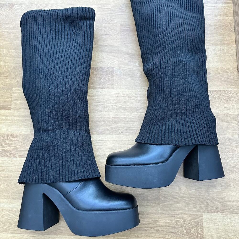 Bershka Black Knit Platform Chunky Heel Boots Sock Fold Over EUR 39 US 8 Goth